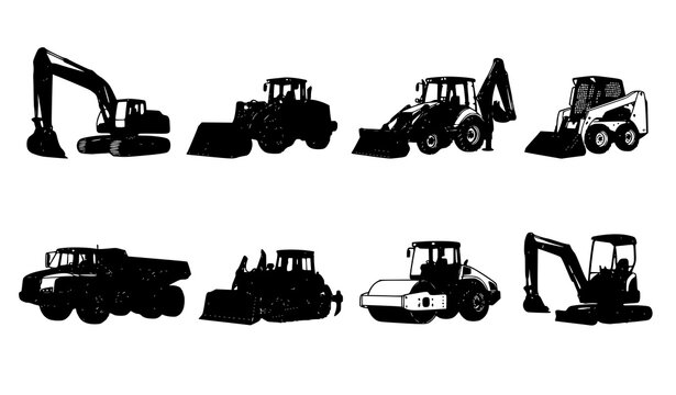 Heavy Construction Equipment Excavator Loader Truck Black Vector Icon Set