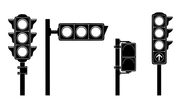 Road Traffic Signal Stoplight Black Silhouette Outline Vector Collection