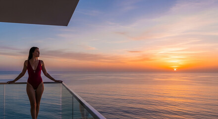 Fototapeta premium Woman on balcony at sunset over ocean, showcasing peaceful contemplation and luxury travel, serene natural beauty