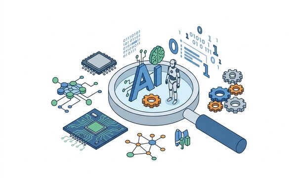Artificial Intelligence Analysis Isometric Vector Illustration with Magnifying Glass AI Robot and Technology