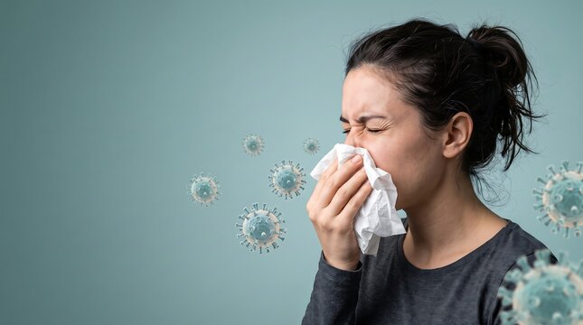 Sick woman sneezing into tissue with virus cells floating around her, concept of cold, flu, coronavirus infection
