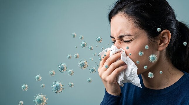 Young Woman Sneezing into Tissue with Floating Viral Particles Representing Spread of Respiratory Illness and Seasonal Flu Infection