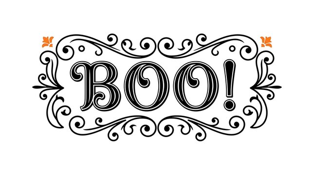 Decorative halloween typography with ornate swirls and the word boo in a black vector design