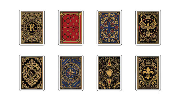 Vintage Playing Cards Back Design Vector Set Featuring Ornate Gold Royal Heraldic and Nautical Patterns for Casino Poker Deck