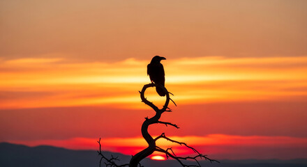 Naklejka premium Silhouette of a raven perched on a bare branch against a vibrant sunset sky, symbolizing nature, solitude, and the close of day