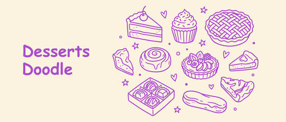 Obraz premium Dessert Doodles Vector Set with Cake Slice, Cupcake, Pie, Cinnamon Roll, Tart, and Sweets Line Art Illustration