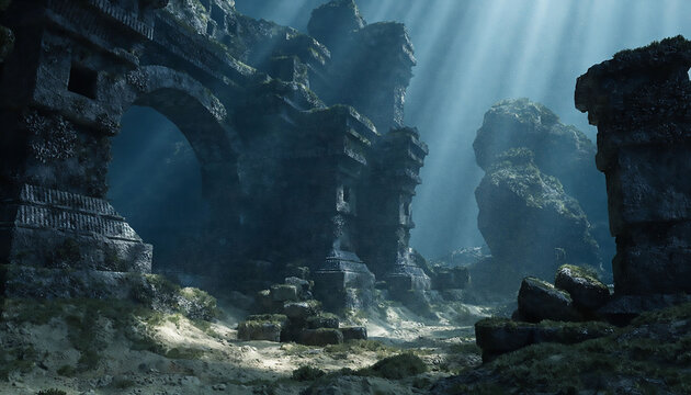 Underwater view of ancient stone ruins and arches submerged in the deep ocean with underwater