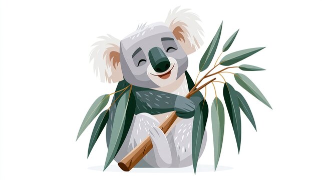 Cute Koala Hugging Eucalyptus Branch Flat Vector Illustration
