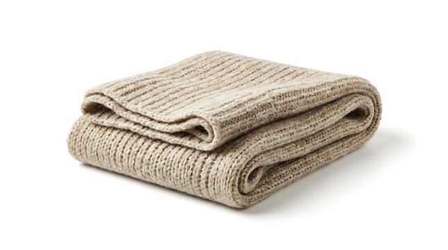 A soft beige knitted wool blanket folded neatly on a white background.