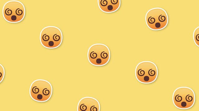 Funny Spinning Head Emoticon Animation Surrounded by Hundreds of Tiny Round Faces on a Bright Yellow Background Creating a Playful and Energetic Visual Pattern