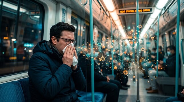 Man sneezing into a tissue inside a crowded underground subway train, spreading viral droplets and germs