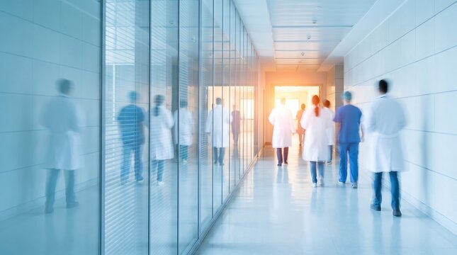 Medical healthcare professionals walking along a bright hospital corridor towards the light with motion blur