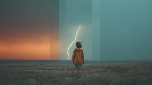 Person standing in a field with a lightning bolt in the sky