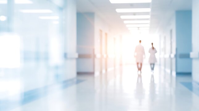 Blurred wide shot of medical professionals walking down a bright, sterile hospital corridor towards a hopeful future in healthcare, symbolizing dedicated medical care and patient wellness