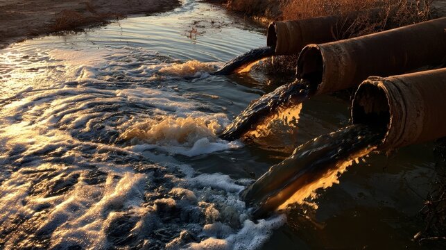 Three rusty metal pipes discharge foamy wastewater into a river at sunset