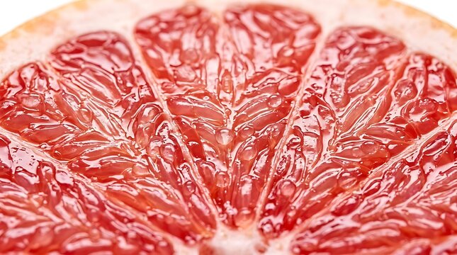 A macro close-up of a fresh grapefruit slice showing the vibrant red pulp, juicy segments, and glistening texture of the citrus fruit