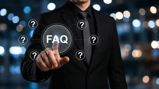 FAQ Frequently Asked Questions Businessman Touching Round Circle Display