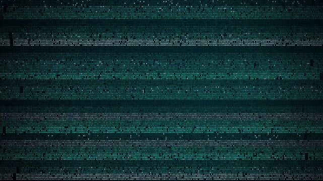 Binary code patterns flicker and shift across a dark digital background with glitch bands