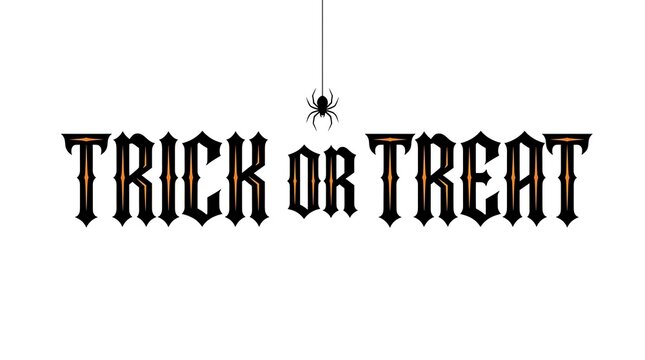 Trick or treat halloween text with spider illustration isolated on white background