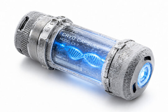 Futuristic cryogenic capsule containing genetic material at ultra-low temperature, representing DNA preservation, biotechnology, cryonics and advanced medical research