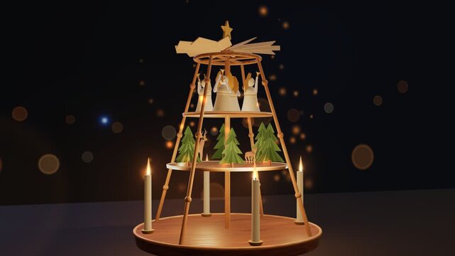 Wooden Christmas pyramid with candles, angels and reindeer slowly turning, seamless loop