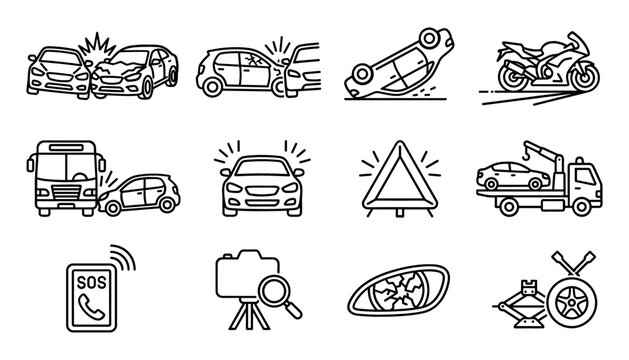 Car Accident and Road Emergency Line Icon Set Featuring Vehicle Collisions Rollover Crash Tow Truck Warning Triangle Motorcycle Accident and Insurance Evidence Symbols