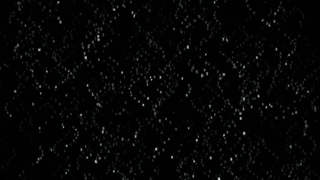 Scattered letters and numbers drifting through a dark black background in abstract digital motion