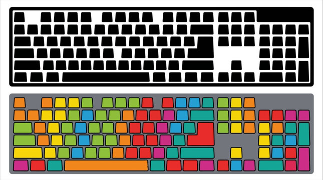 Computer keyboard layout a black and white version with a colorful counterpart