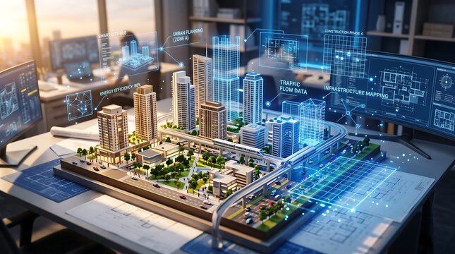 Architectural model of a smart city with digital holographic data overlay in a design office