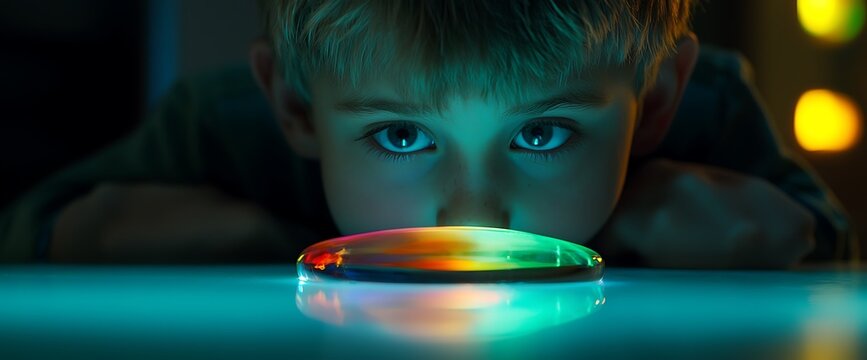 Child gazing at iridescent disc