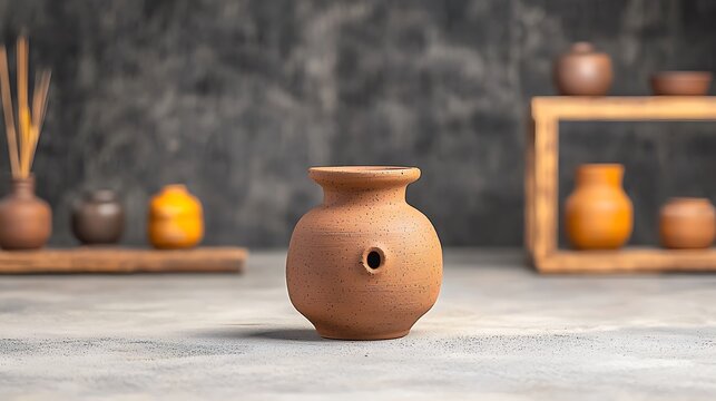 Rustic terracotta pot on gray background