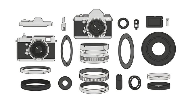 Flat vector retro camera background with lens and body parts