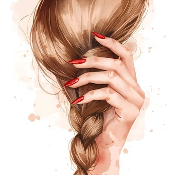 Close up of a woman's hand with red nail polish braiding her long brown hair in a watercolor illustration style with subtle paint splatters