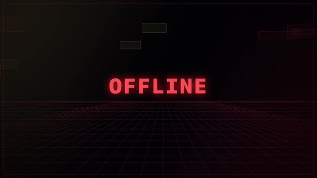 Glowing OFFLINE Status Text Flickers Through Digital Glitch Blocks Above a Red Perspective Grid