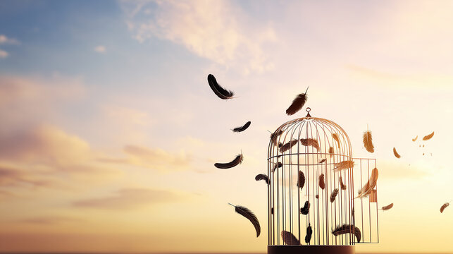 Open vintage birdcage with feathers floating out at sunset. A beautiful symbol of freedom, letting go, new beginnings, and finding peace after a long confinement.