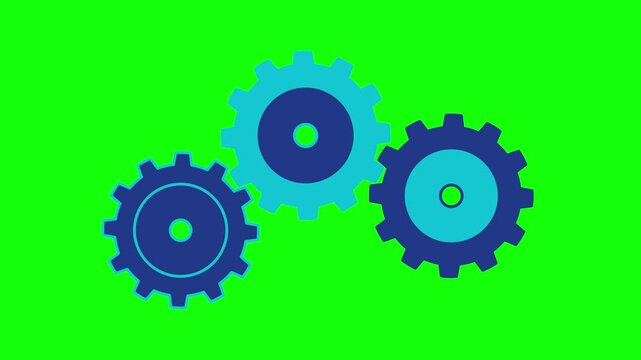 2D Animated Flat Design Illustration of Three Interlocking Rotating Gears on Green Screen