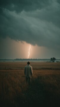 Man standing in a field with a lightning bolt in the sky