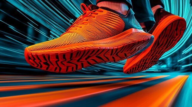 Runner's feet in motion, dynamic speed, neon lights.