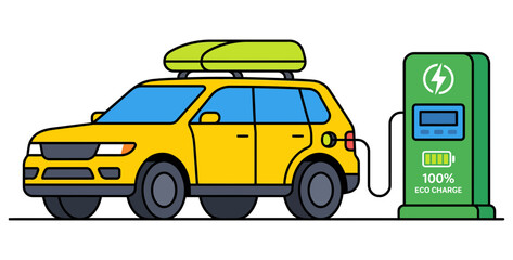 Naklejka premium Electric SUV Charging Station Vector – Yellow EV Car with Roof Box Illustration