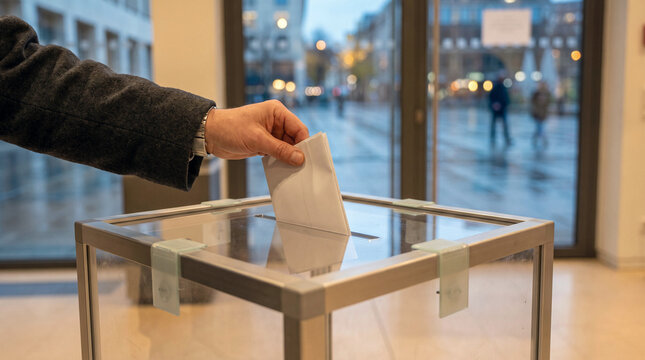Person casting a paper ballot into a transparent ballot box during an election, representing voting, democracy and civic participation