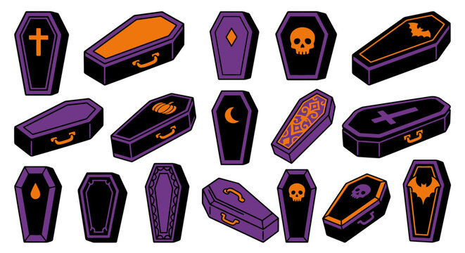 Colorful coffins with halloween motifs form a decorative vector pattern