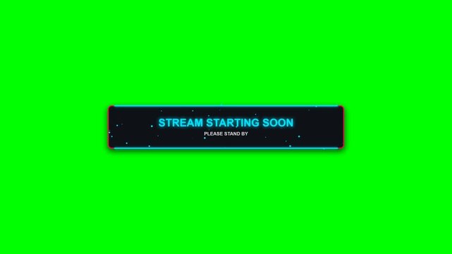Stream starting soon banner display featuring glowing blue text and particle animation effects for professional gaming broadcast digital video content
