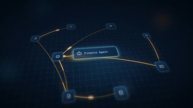 AI Agent Mesh Visualization, Invoice Processing Animation, Finance Technology Abstract Background, Digital Grid, Seamless Loop, Blue and Orange Color Palette, Modern Financial Interface