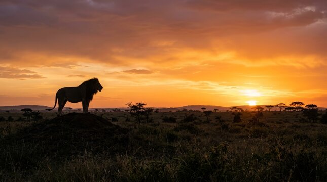 Male Lion Silhouette at Sunset Over African Savanna
