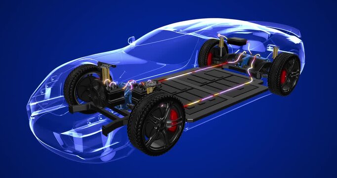Futuristic electric car wireframe blueprint displaying internal battery pack and powertrain. EV Cars Technology Related 4K 3D Animation.