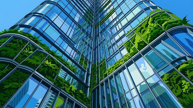 Ultra-modern glass skyscraper exterior with curved reflective architecture and green foliage integration