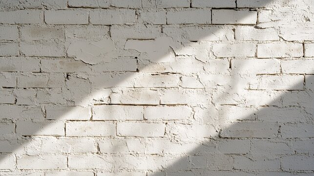 Photo of a distressed white painted brick wall background, with areas of chipped paint revealing darker brick beneath, illuminated by moody