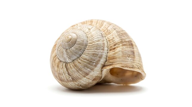 Single empty brown snail shell isolated on a white background.