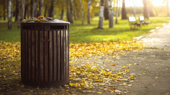 Close-up of a dark wooden trash bin in a tranquil park covered with vibrant yellow autumn leaves on the ground, creating a nostalgic and seasonal atmosphere, bokeh lighting.