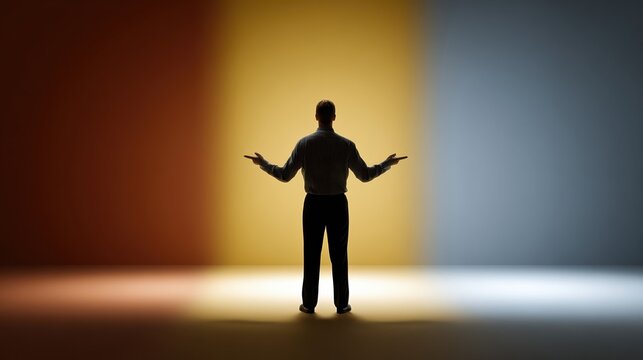 A person stands between two shadows pointing opposite ways, symbolizing a difficult decision. Ultra cinematic lighting highlights the dilemma against a gradient background.